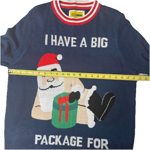 Tipsy Elves Size L Big Package Ugly Christmas Sweater Navy Blue Red White Stripe - Picture 3 of 7